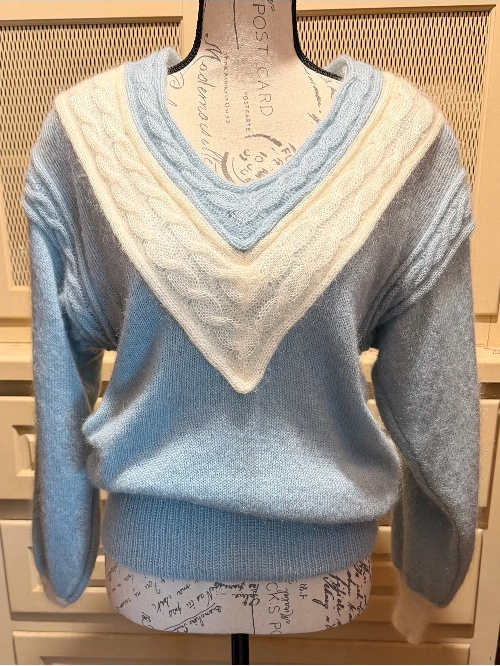 VTG Escada 3Pc Mohair Sweater Set Blue Cream Damaged As Is